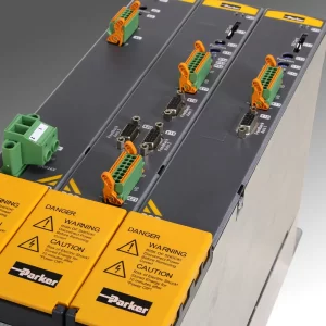 Vue rapprochée d'un module Parker PSD, montrant les bornes de connexion et le boîtier compact.